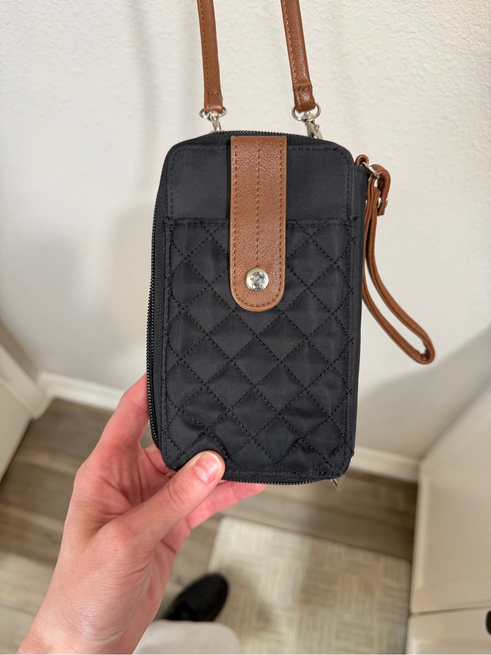 Quilted Crossbody Phone Pouch in Black and Brown